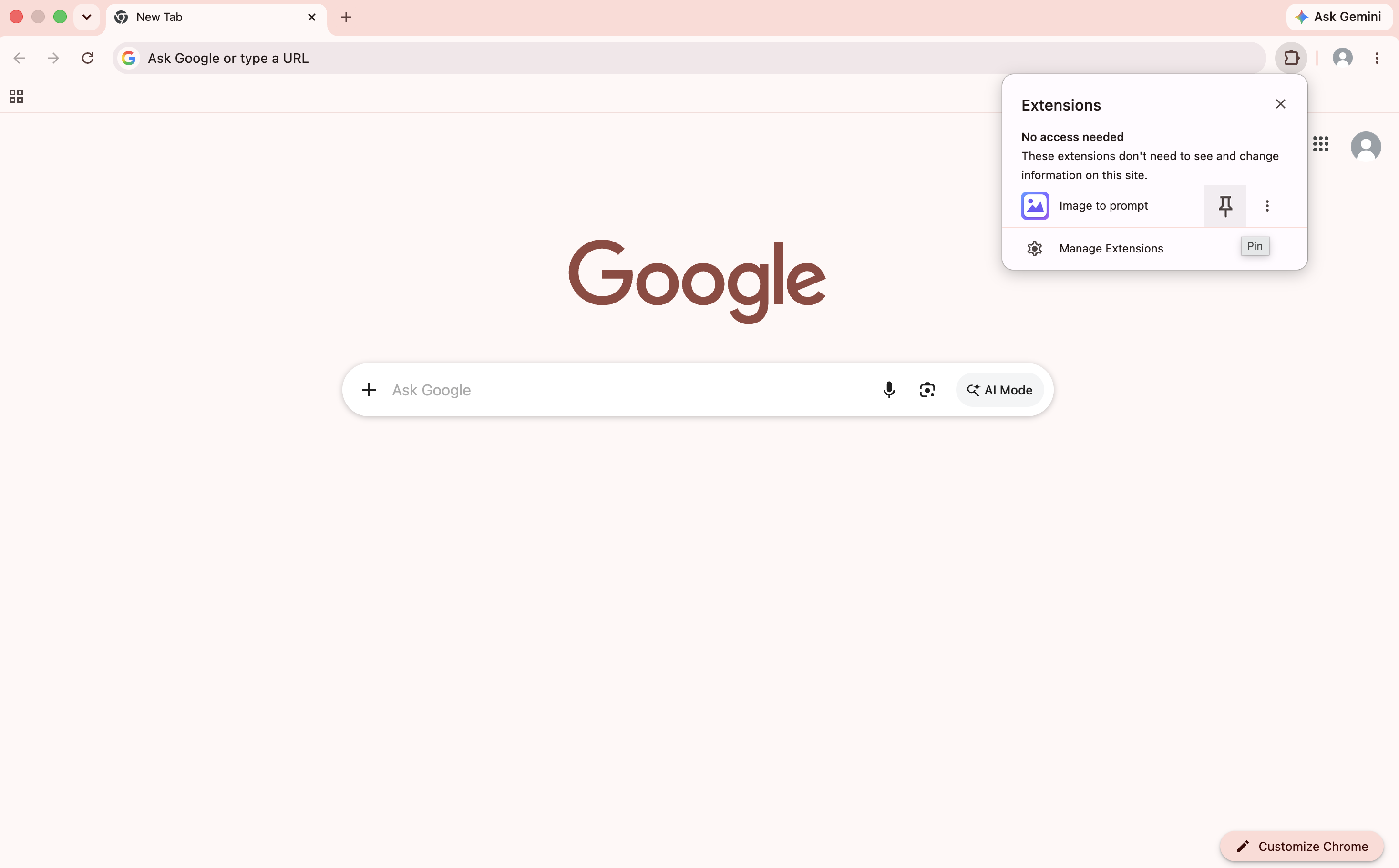 Chrome with the extensions menu open and the pin button next to Image to prompt