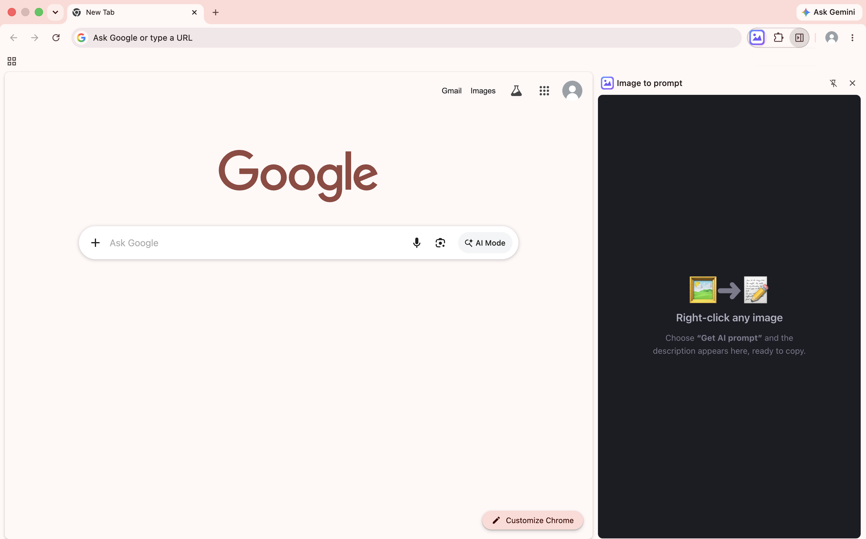 The pinned Image to prompt icon in the toolbar with its panel open on the right